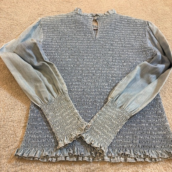 Veronica Beard Chambray Smocked Denim Top Ruffle Neck Puff Sleeve Blouse Women 2 - Picture 13 of 16